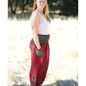Thai Harem Style Pants Burgundy Peacock Print One Size Smocked Waist Boho Hippie